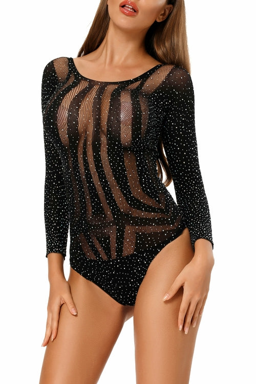 Rhinestone Long Sleeves Hollow-out Bodysuit