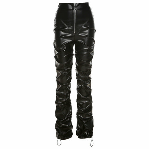 PU Leather Pleated High Waist Black Stacked Pant Hipster Street Style