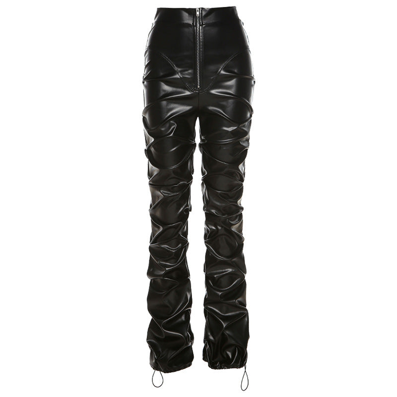 PU Leather Pleated High Waist Black Stacked Pant Hipster Street Style