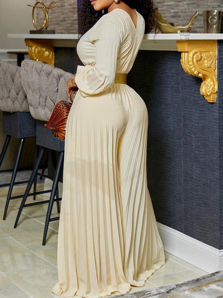 Elegant V Neck Pleated Jumpsuit Wide Leg Loose Overalls With the same