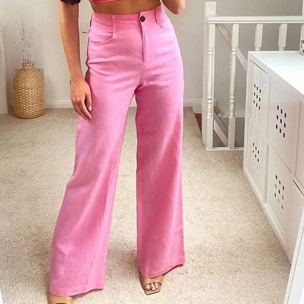 Pink Pants Linen High Waisted Woman Trousers Vintage Loose Wide Leg