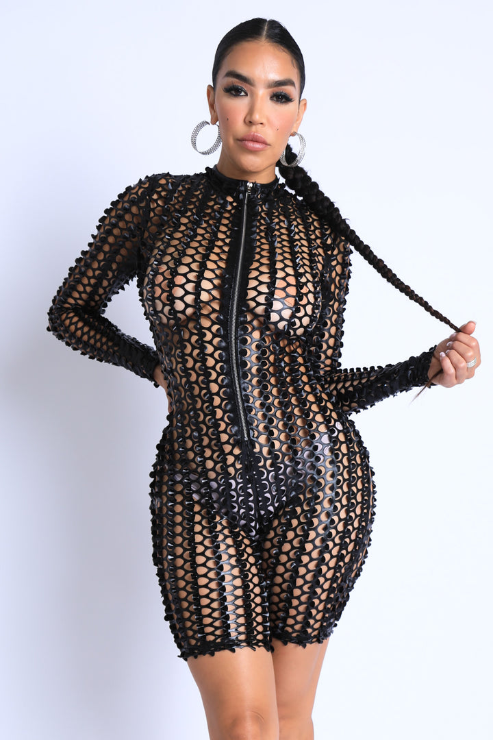Sexy Club Outfit Romper Long Sleeve Cutting Mesh Bodysuit BLACK