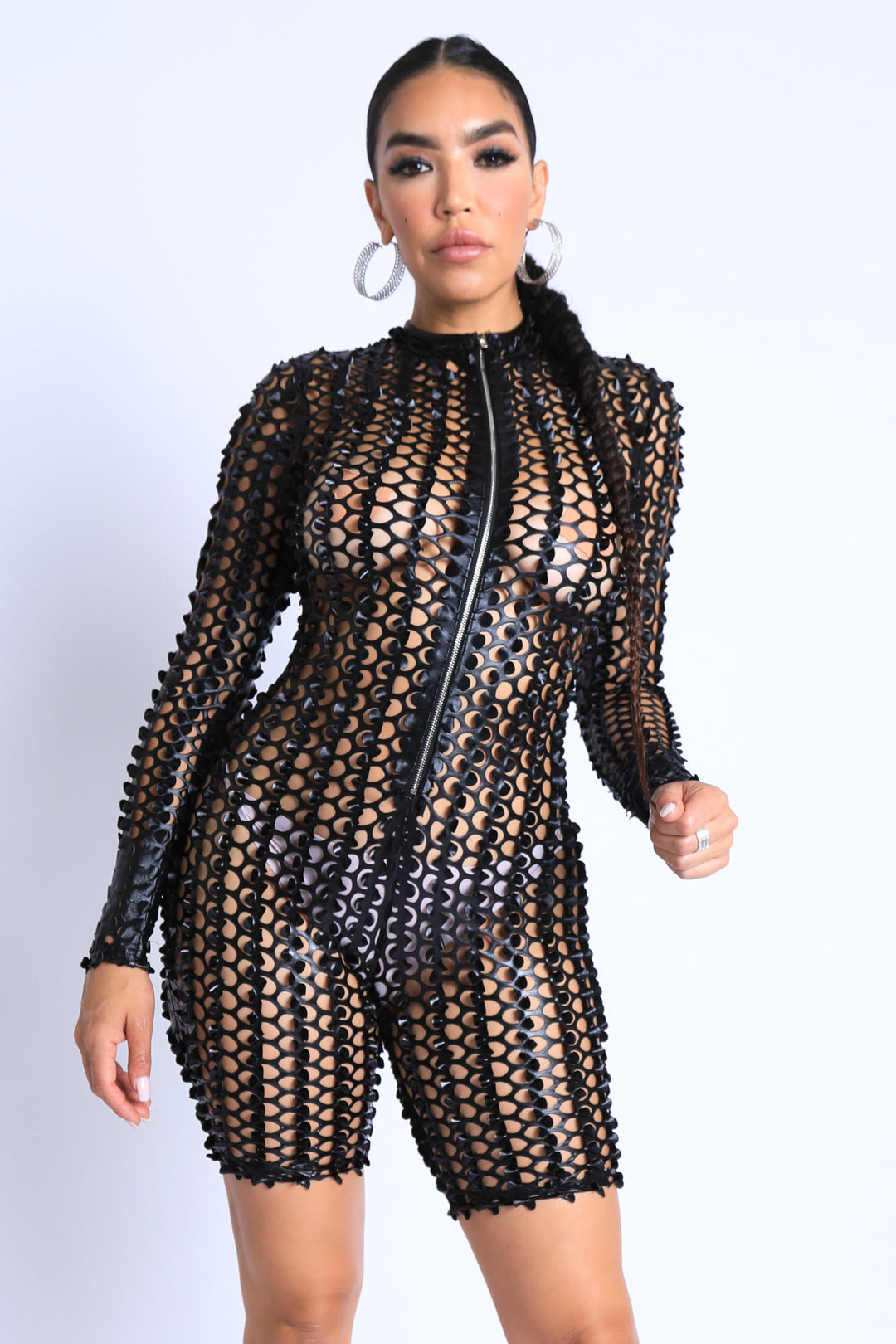 Sexy Club Outfit Romper Long Sleeve Cutting Mesh Bodysuit BLACK