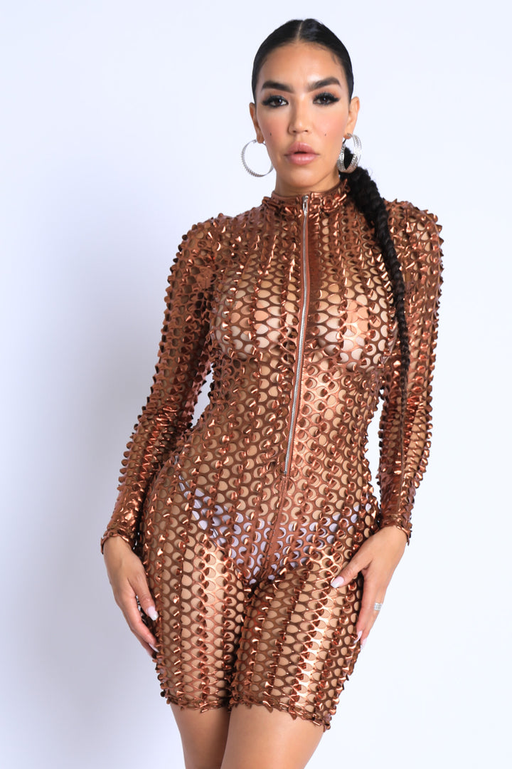 Sexy Club Outfit Romper Long Sleeve Cutting Mesh Bodysuit BRONZE